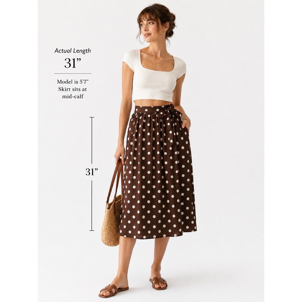 En Saison Polka Dot  Brown White  Midi Skirt Pockets NWT M Elastic Waist
